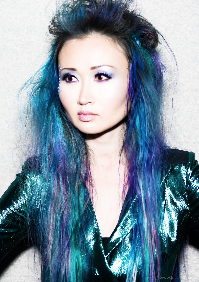 blue purple green mermaid hair on asian model